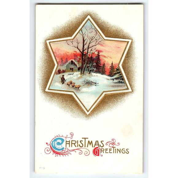 Vintage Embossed Christmas Greetings Postcard Winter Scene Star - Picture 1 of 2